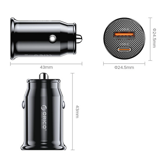 Orico PowerMini autolaturi, 30W, 3A, 1 x USB-A - 1 x USB-C, musta