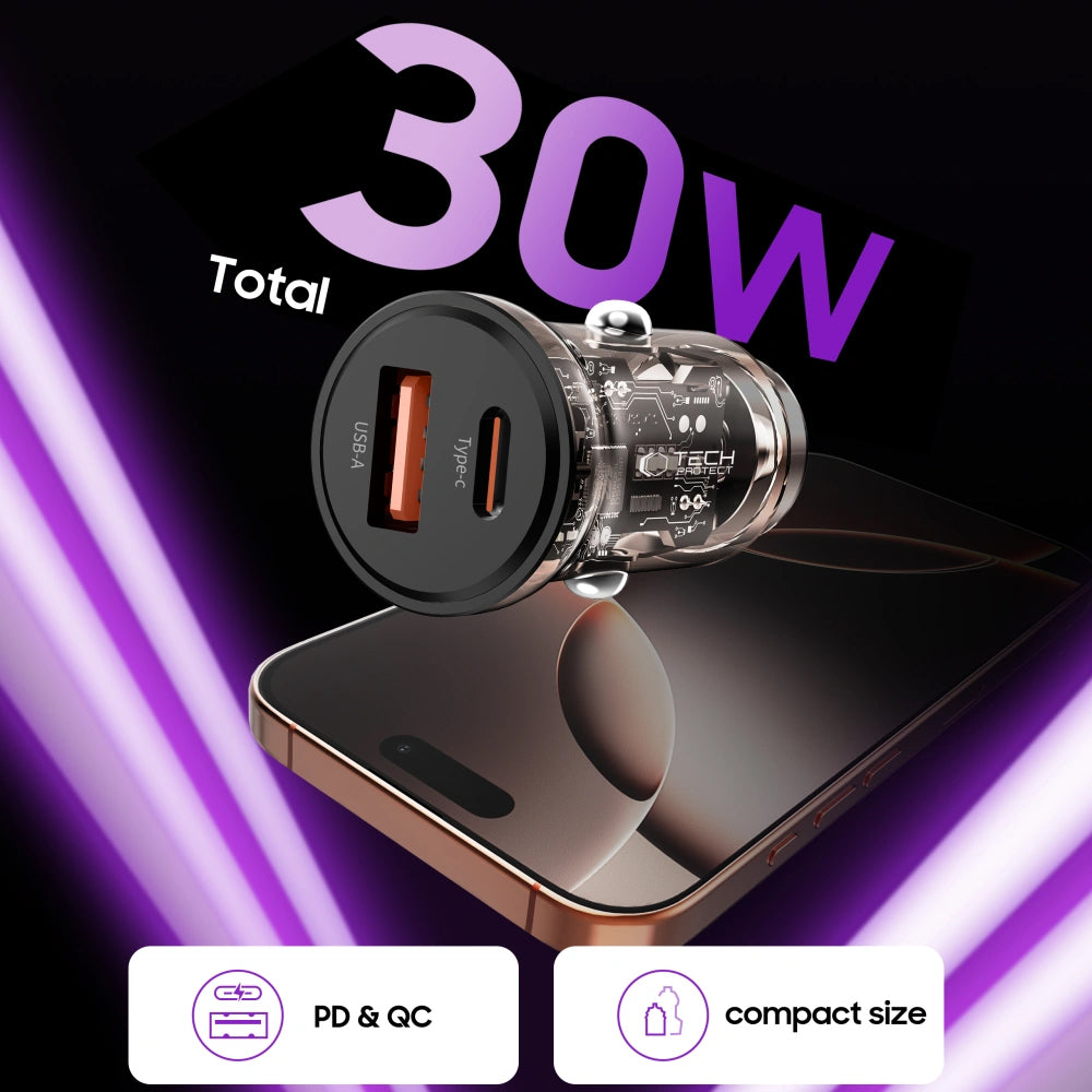 Tech-Protect CC01 Car Charger, 30W, 3A, 1 x USB-A - 1 x USB-C, Black