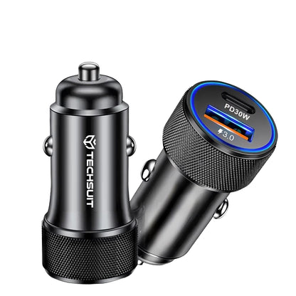 Auto Techsuit C2 VoltDuo -laturi, 30W, 3A, 1 x USB-A - 1 x USB-C, Musta