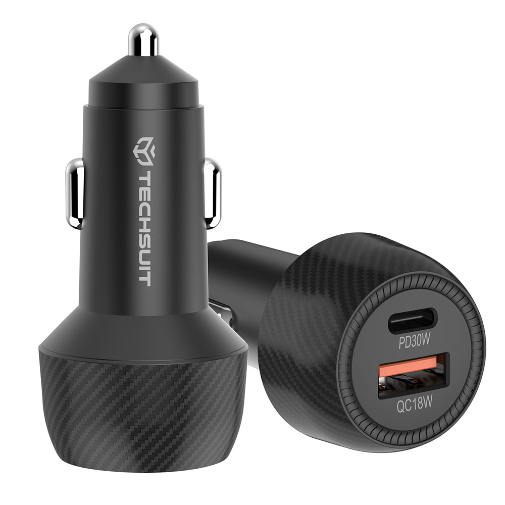 Auto Techsuit C7 CarbonVolt -laturi, 48W, 3A, 1 x USB-A - 1 x USB-C, Musta