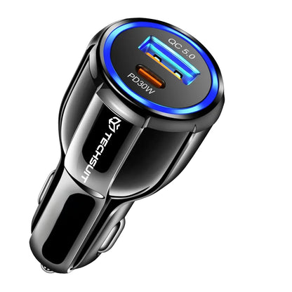 Auto Techsuit TE-022 Premium -autolaturi, 60W, 3A, 1 x USB-A - 1 x USB-C, Musta