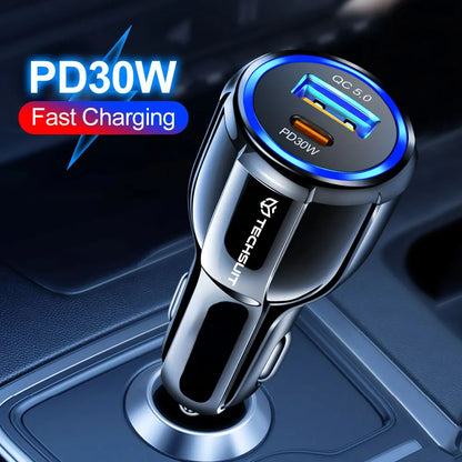 Auto Techsuit TE-022 Premium -autolaturi, 60W, 3A, 1 x USB-A - 1 x USB-C, Musta