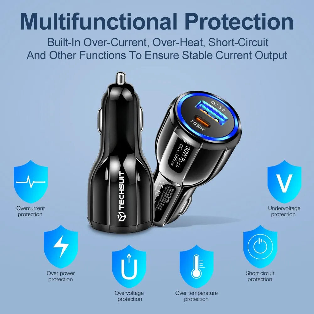 Auto Techsuit TE-022 Premium -autolaturi, 60W, 3A, 1 x USB-A - 1 x USB-C, Musta
