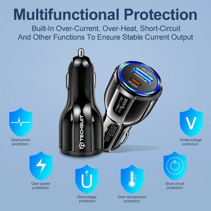 Auto Techsuit TE-022 Premium -autolaturi, 60W, 3A, 1 x USB-A - 1 x USB-C, Musta