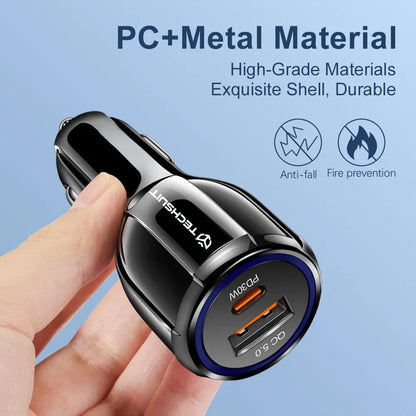 Auto Techsuit TE-022 Premium -autolaturi, 60W, 3A, 1 x USB-A - 1 x USB-C, Musta