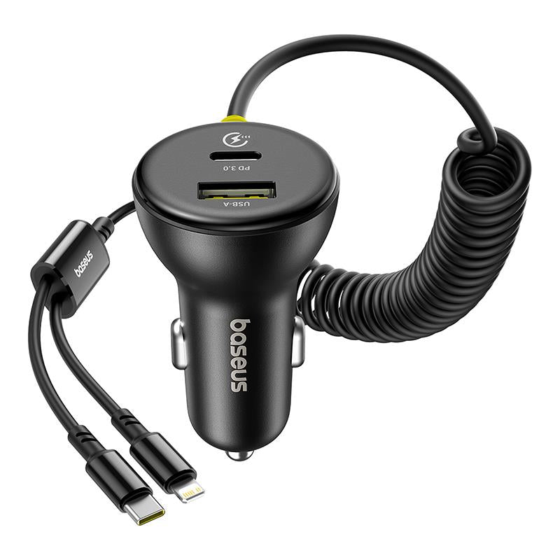 Autojen USB-C / Lightning Baseus Circular -laturi kaapelilla, 60W, 3A, 1 x USB-A - 1 x USB-C, Musta C00035902121-00
