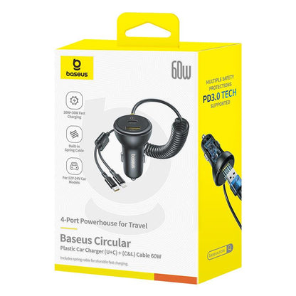 Autojen USB-C / Lightning Baseus Circular -laturi kaapelilla, 60W, 3A, 1 x USB-A - 1 x USB-C, Musta C00035902121-00