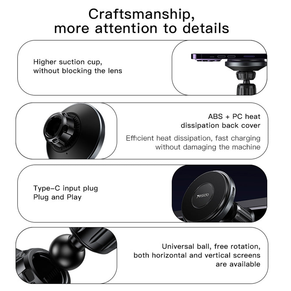 Yesido C190 langaton autolaturi, 15W, 1.67A, Musta