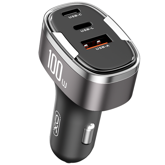 Autolaturi XO Design CC61, 100W, 3A, 1 x Lightning - 1 x USB-A - 1 x USB-C, Harmaa