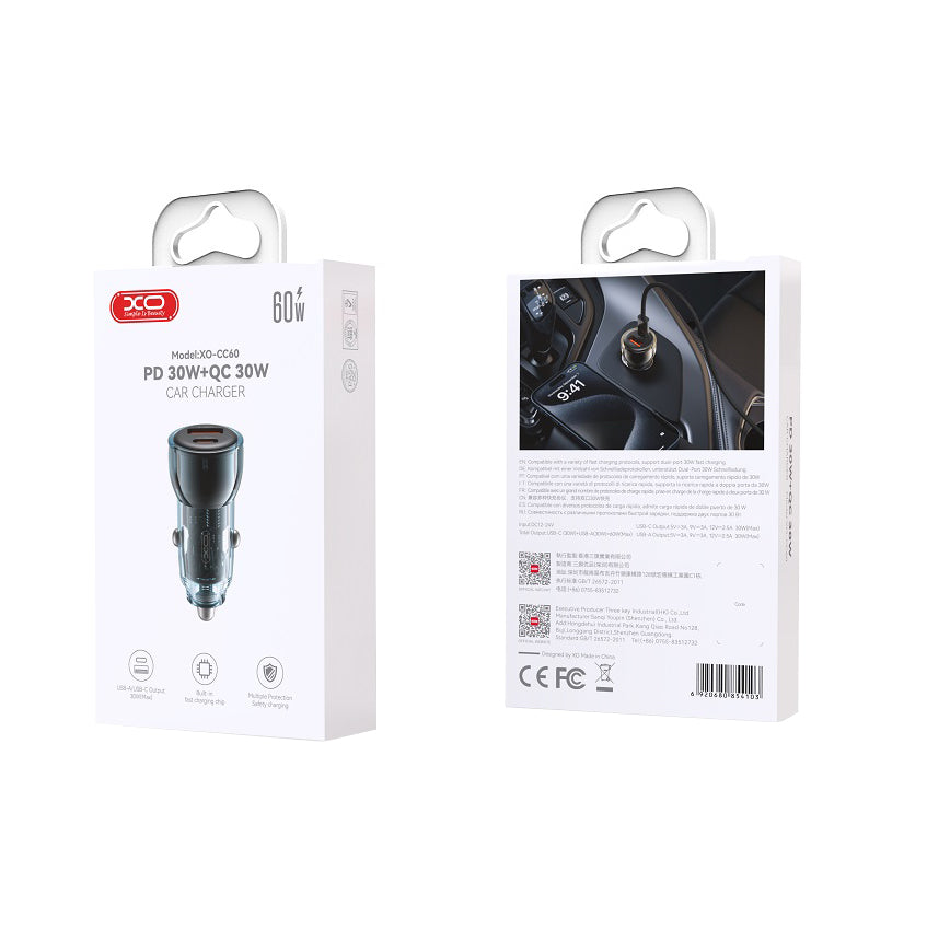 Autolaturi XO Design CC60, 60W, 3A, 1 x USB-A - 1 x USB-C, Sininen