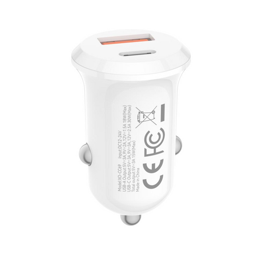 Autolaturi XO Design CC69, 30W, 3A, 1 x USB-A - 1 x USB-C, Valkoinen