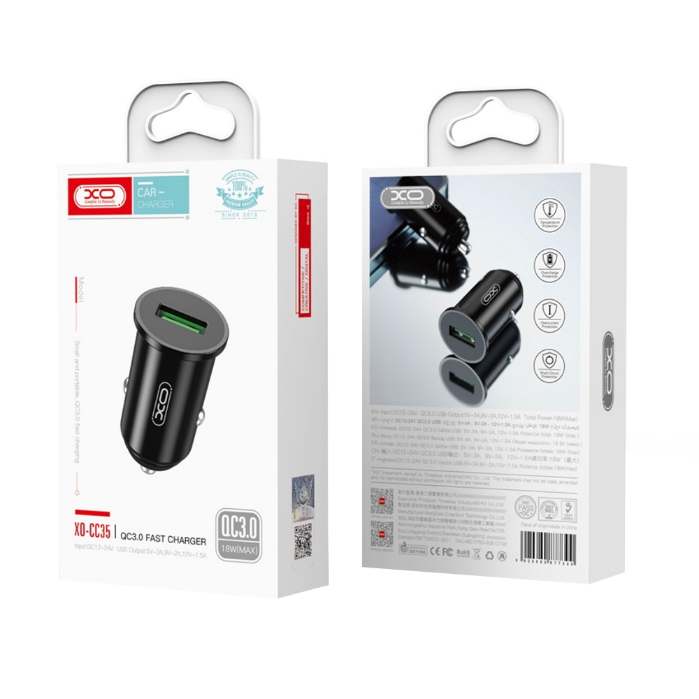 Autolaturi XO Design CC35, 18W, 3A, 1 x USB-A, Musta