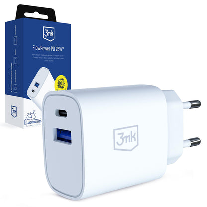 3MK FlowPower verkkolaturi, 25W, 1 x USB-A - 1 x USB-C, valkoinen