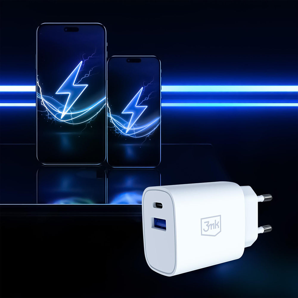 3MK FlowPower verkkolaturi, 25W, 1 x USB-A - 1 x USB-C, valkoinen