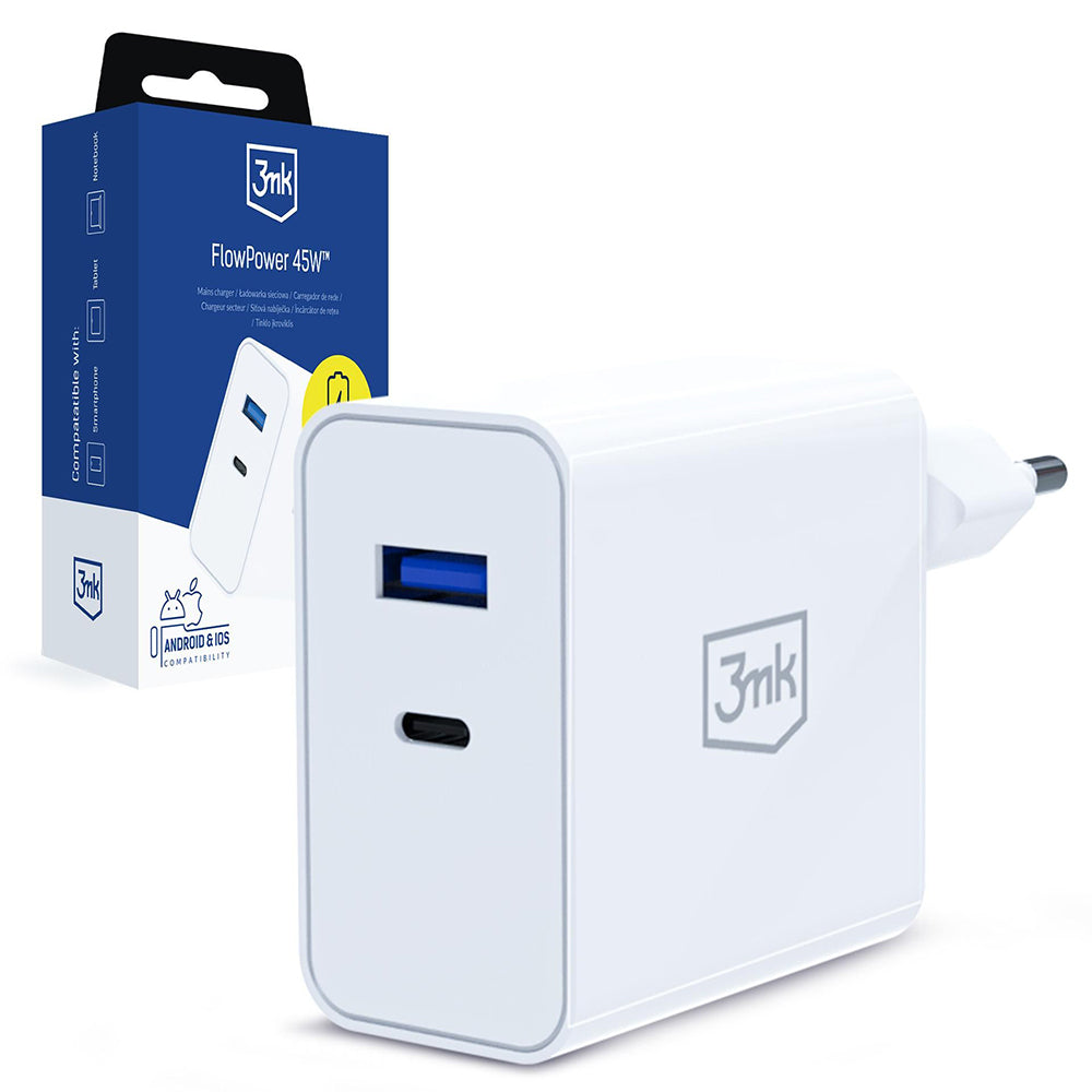 Verkkolaturi 3MK FlowPower, 45W, 1 x USB-A - 1 x USB-C, Valkoinen
