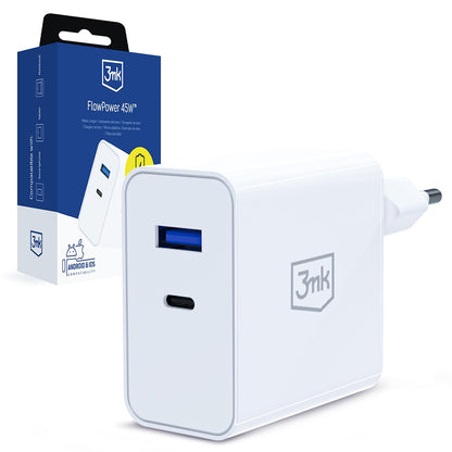 Verkkolaturi 3MK FlowPower, 45W, 1 x USB-A - 1 x USB-C, Valkoinen