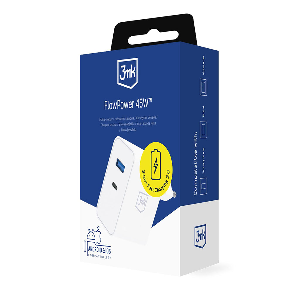Verkkolaturi 3MK FlowPower, 45W, 1 x USB-A - 1 x USB-C, Valkoinen