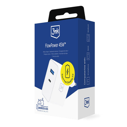 Verkkolaturi 3MK FlowPower, 45W, 1 x USB-A - 1 x USB-C, Valkoinen