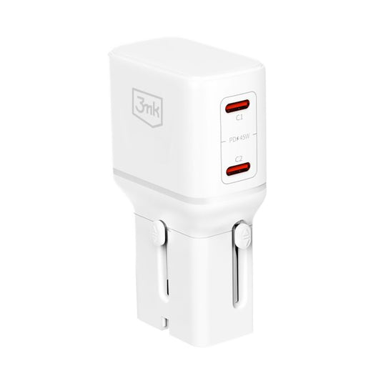 3MK Globe Travel verkkolaturi, 45W, 3A, 2 x USB-C, Valkoinen