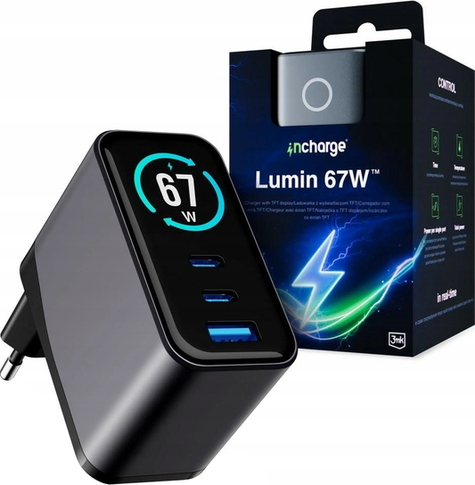 Verkkolaturi 3MK InCharge Lumin Display, 67W, 5A, 1 x USB-A - 2 x USB-C, Musta