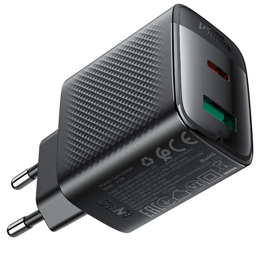 Verkkolaturi Acefast A106, 45W, 3A, 1 x USB-A - 1 x USB-C, Musta