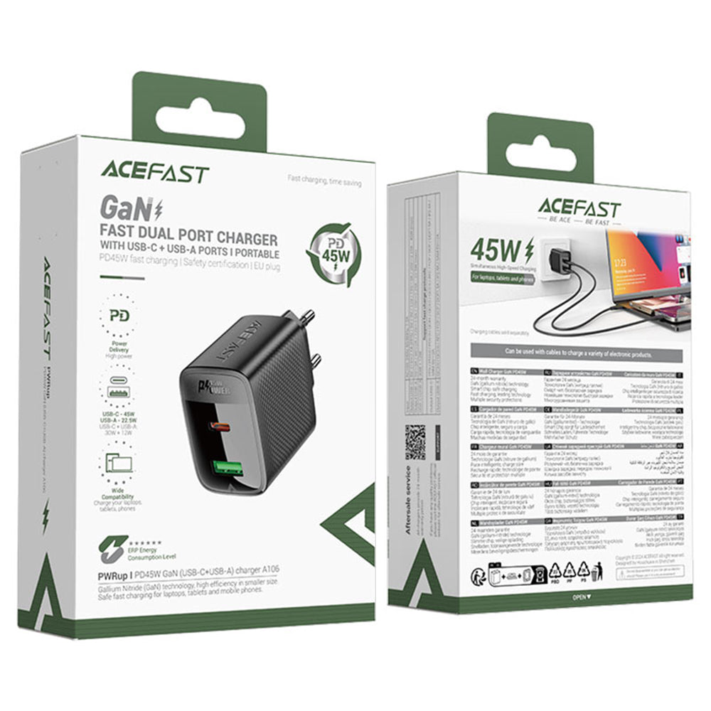 Verkkolaturi Acefast A106, 45W, 3A, 1 x USB-A - 1 x USB-C, Musta