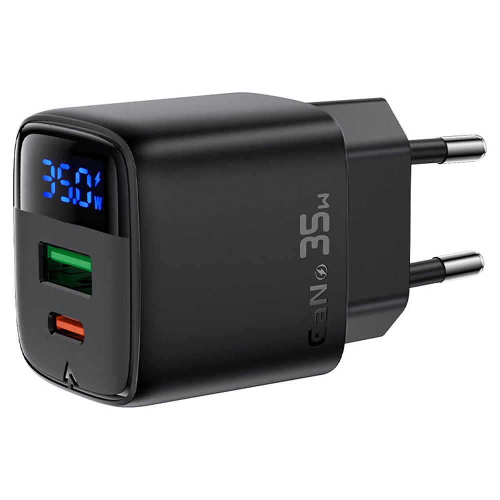 Acefast A116 Display -verkkolaturi, 35W, 3A, 1 x USB-A - 1 x USB-C, Musta