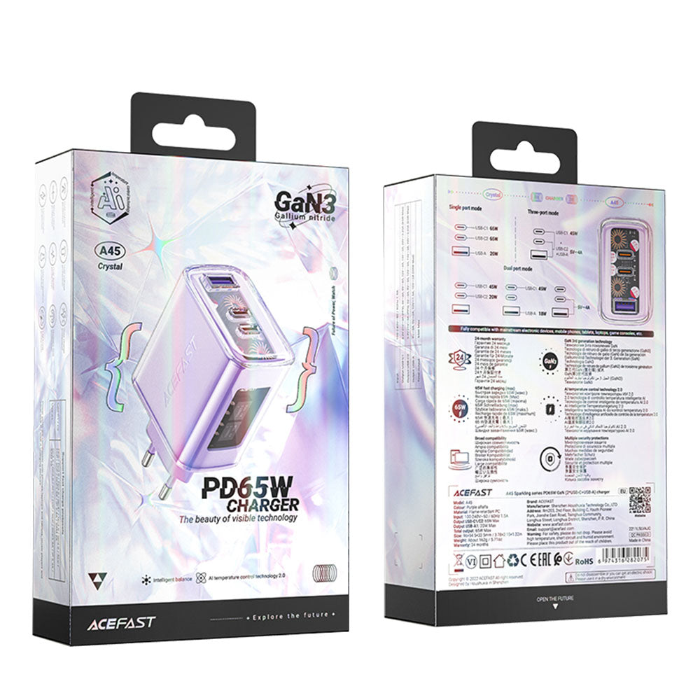Acefast A45 Exploration -verkkolaturi, 65W, 3.25A, 1 x USB-A - 2 x USB-C, Violetti