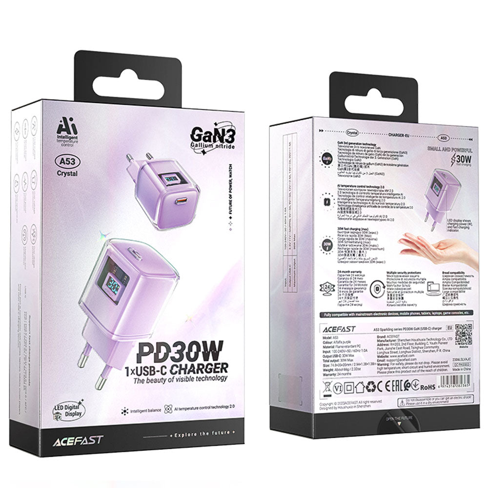 Acefast A53 Sparkling Display Network Charger, 30W, 3A, 1 x USB-C, Purple