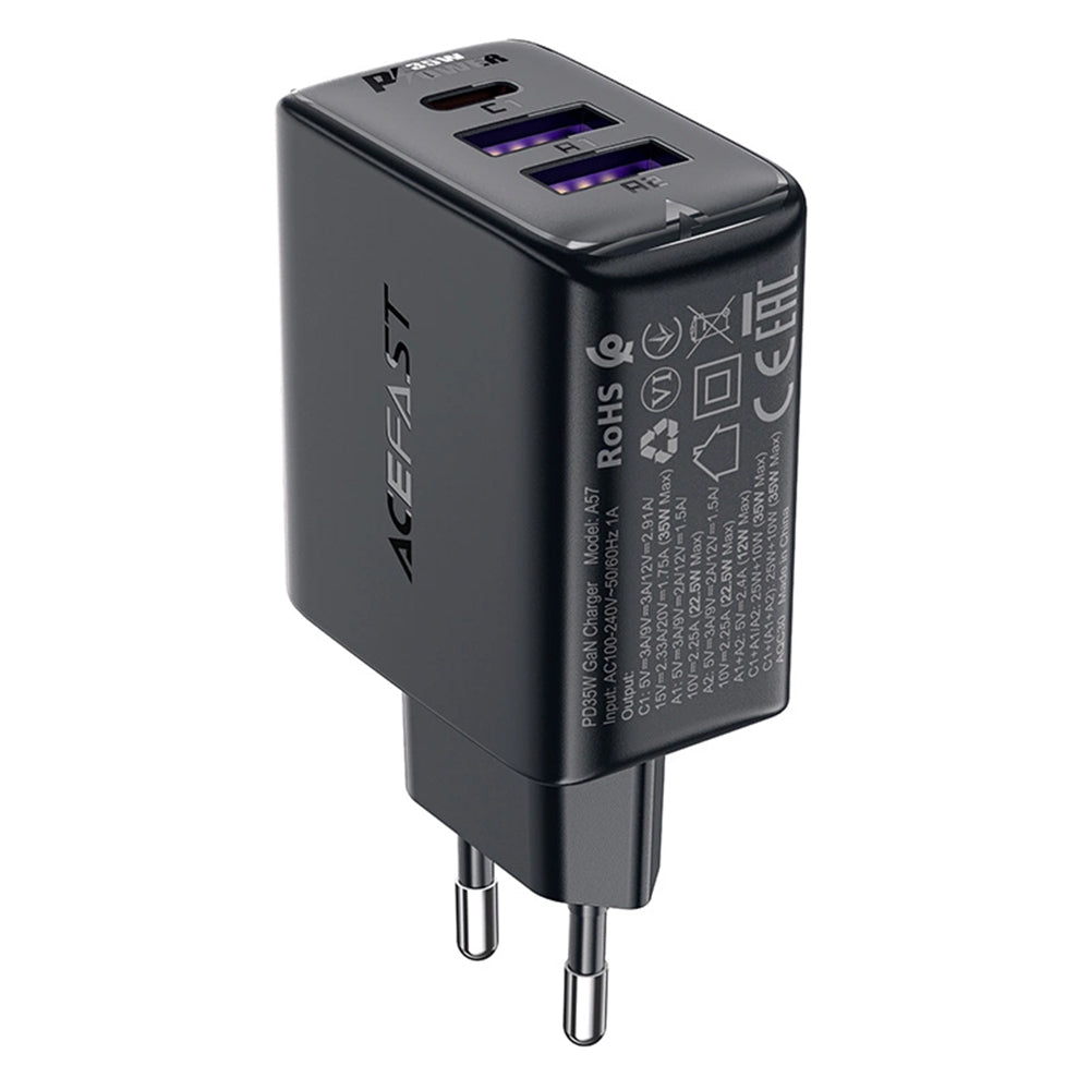 Acefast A57 Network Charger, 35W, 3A, 2 x USB-A - 1 x USB-C, Black