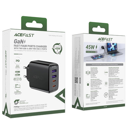 Acefast A61 verkkolaturi, 45W, 3A, 2 x USB-A - 2 x USB-C, Musta