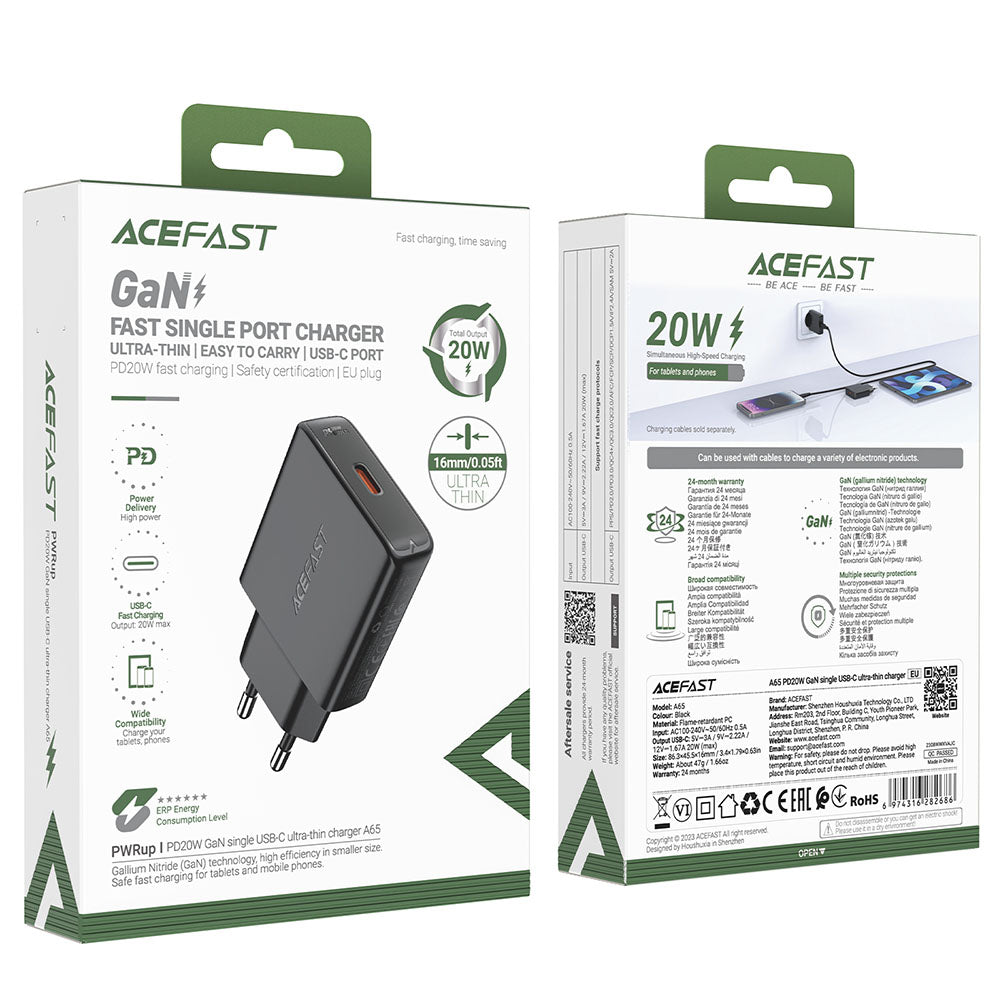 Verkkolaturi Acefast A65, 20W, 3A, 1 x USB-C, Musta