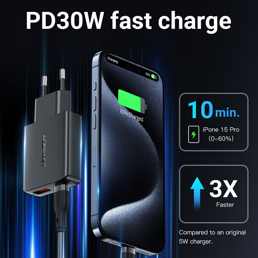 Verkkolaturi Acefast A69, 30W, 3A, 1 x USB-A - 1 x USB-C, Musta
