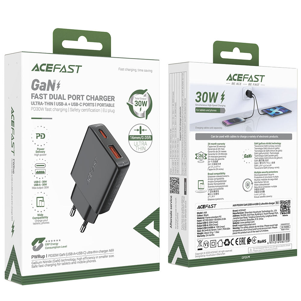 Verkkolaturi Acefast A69, 30W, 3A, 1 x USB-A - 1 x USB-C, Musta