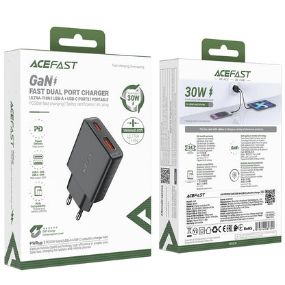 Verkkolaturi Acefast A69, 30W, 3A, 1 x USB-A - 1 x USB-C, Musta