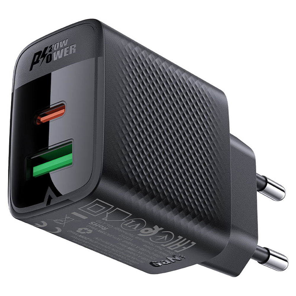 Acefast A78 -verkkolaturi, 20W, 3A, 1 x USB-A - 1 x USB-C, Musta