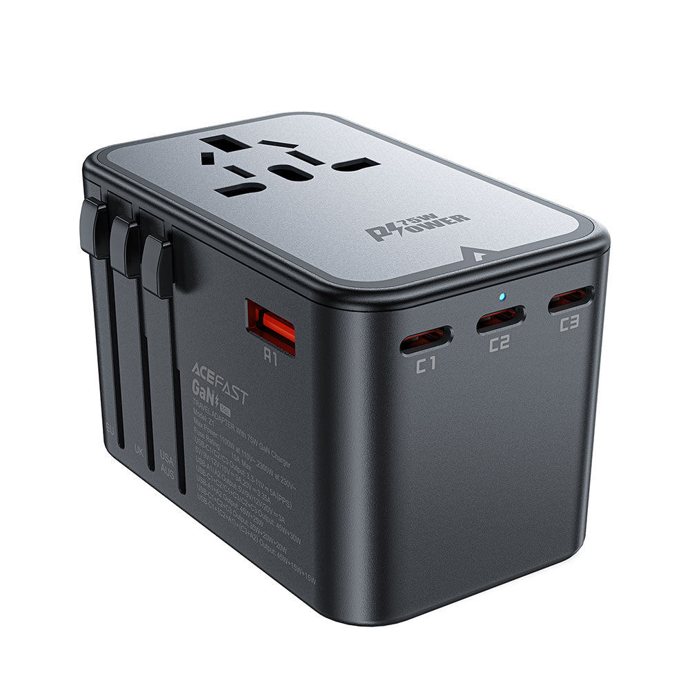 Acefast Travel Z1 -verkkolaturi, 75W, 3.35A, 2 x USB-A - 3 x USB-C, Musta