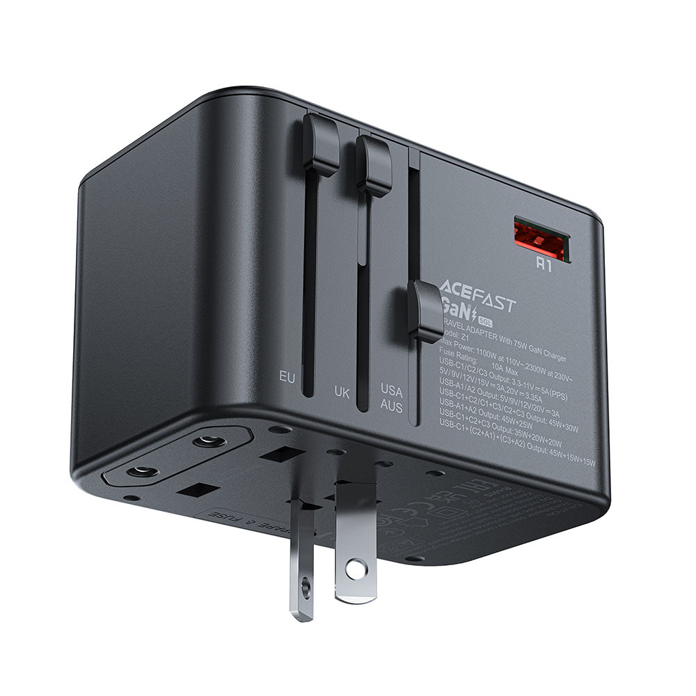 Acefast Travel Z1 -verkkolaturi, 75W, 3.35A, 2 x USB-A - 3 x USB-C, Musta