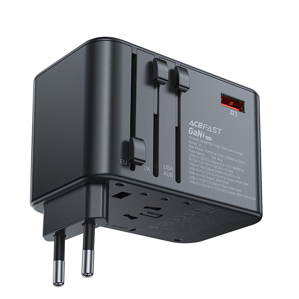 Acefast Travel Z1 -verkkolaturi, 75W, 3.35A, 2 x USB-A - 3 x USB-C, Musta