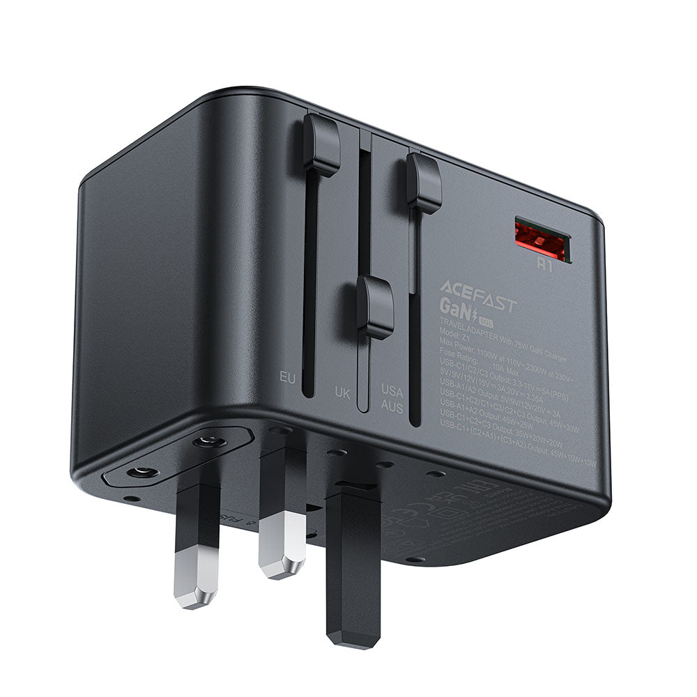 Acefast Travel Z1 -verkkolaturi, 75W, 3.35A, 2 x USB-A - 3 x USB-C, Musta