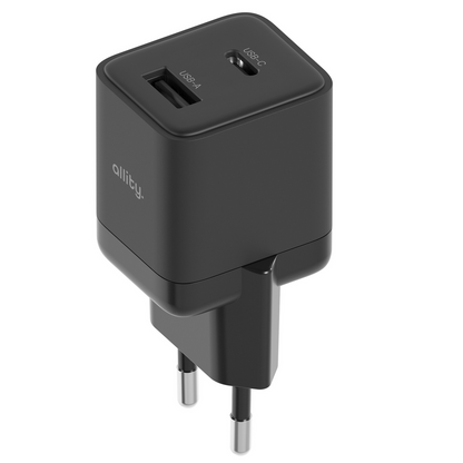 Allity-verkkolaturi. ATC-01-30WAC Mini, 30W, 3A, 1 x USB-A - 1 x USB-C, Musta