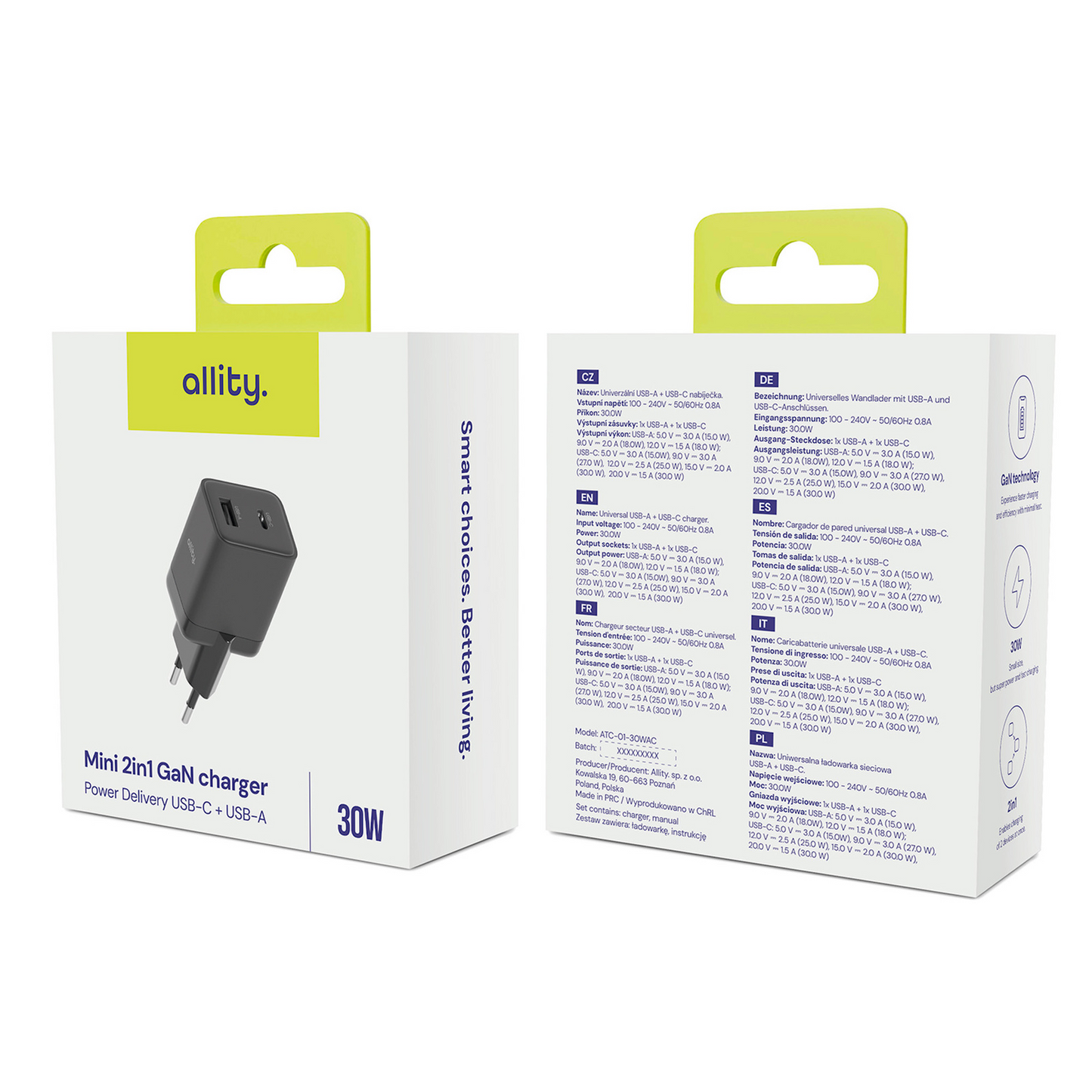 Allity-verkkolaturi. ATC-01-30WAC Mini, 30W, 3A, 1 x USB-A - 1 x USB-C, Musta