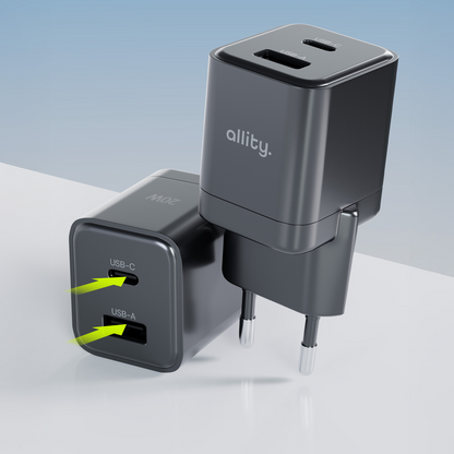 Allity-verkkolaturi. ATC-01-30WAC Mini, 30W, 3A, 1 x USB-A - 1 x USB-C, Musta