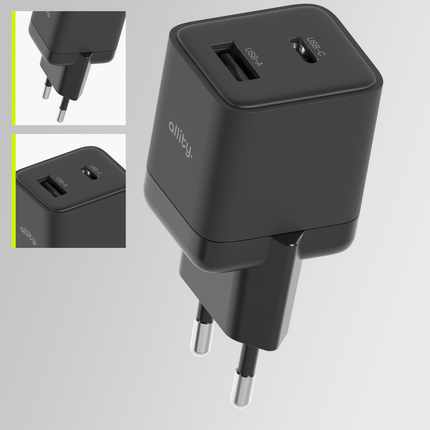 Allity-verkkolaturi. ATC-01-30WAC Mini, 30W, 3A, 1 x USB-A - 1 x USB-C, Musta