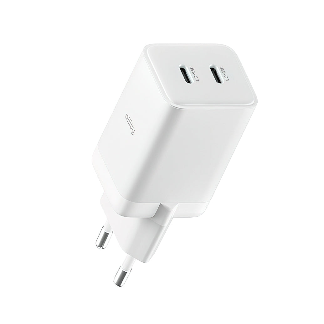 Allity-verkkolaturi. ATC-01-45WCC Fast, 45W, 3A, 2 x USB-C, Valkoinen