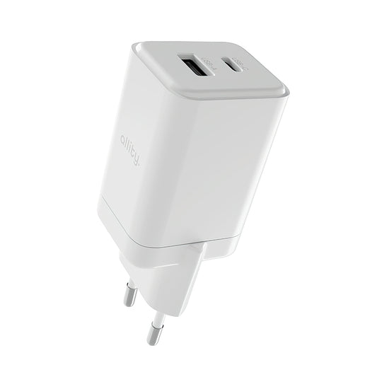 Allity-verkkolaturi. ATC-01-45WCC Fast, 45W, 3A, 1 x USB-A - 1 x USB-C, Valkoinen