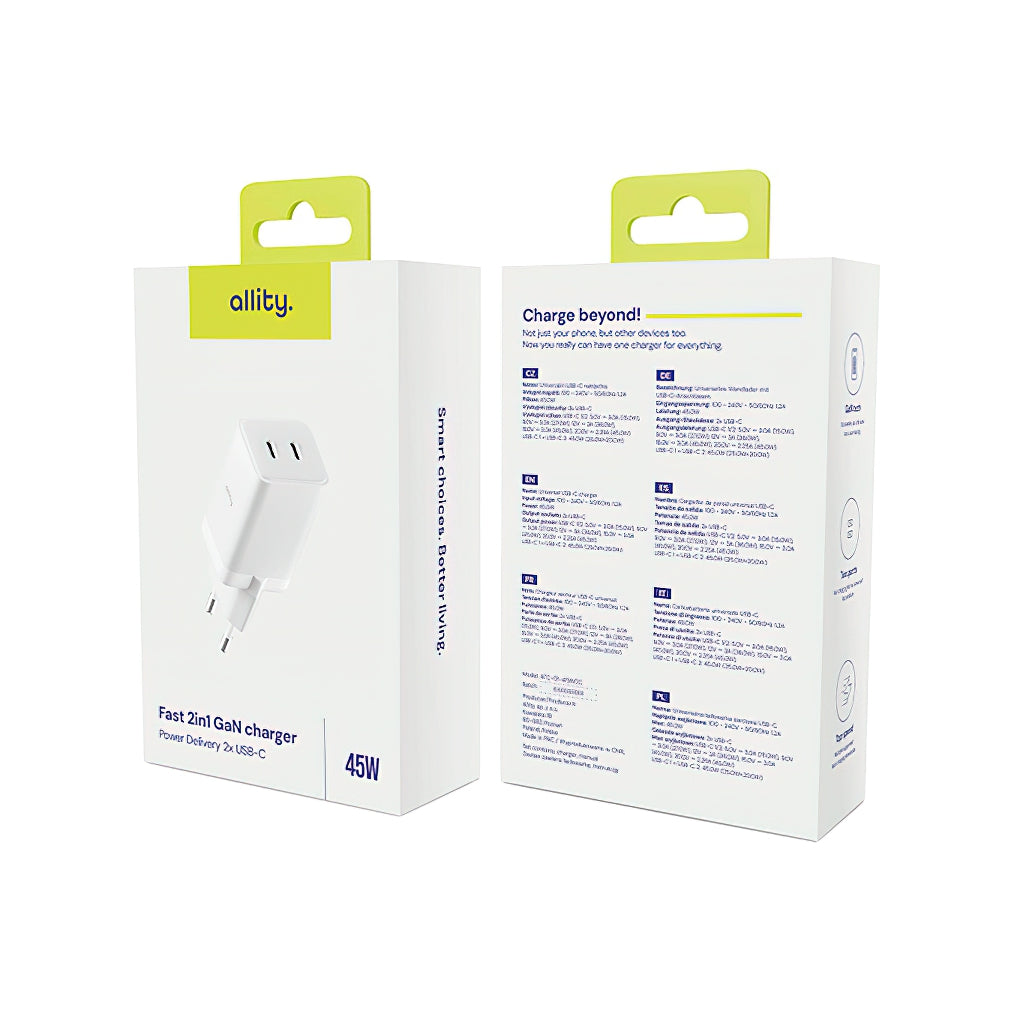 Allity-verkkolaturi. ATC-01-45WCC Fast, 45W, 3A, 2 x USB-C, Valkoinen