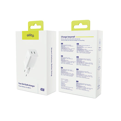 Allity-verkkolaturi. ATC-01-45WCC Fast, 45W, 3A, 2 x USB-C, Valkoinen