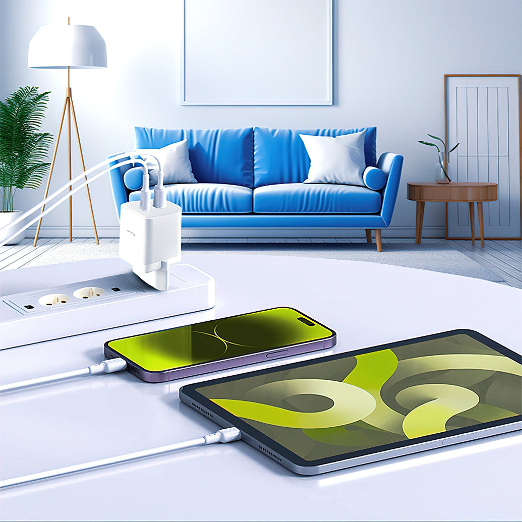 Allity-verkkolaturi. ATC-01-45WCC Fast, 45W, 3A, 2 x USB-C, Valkoinen