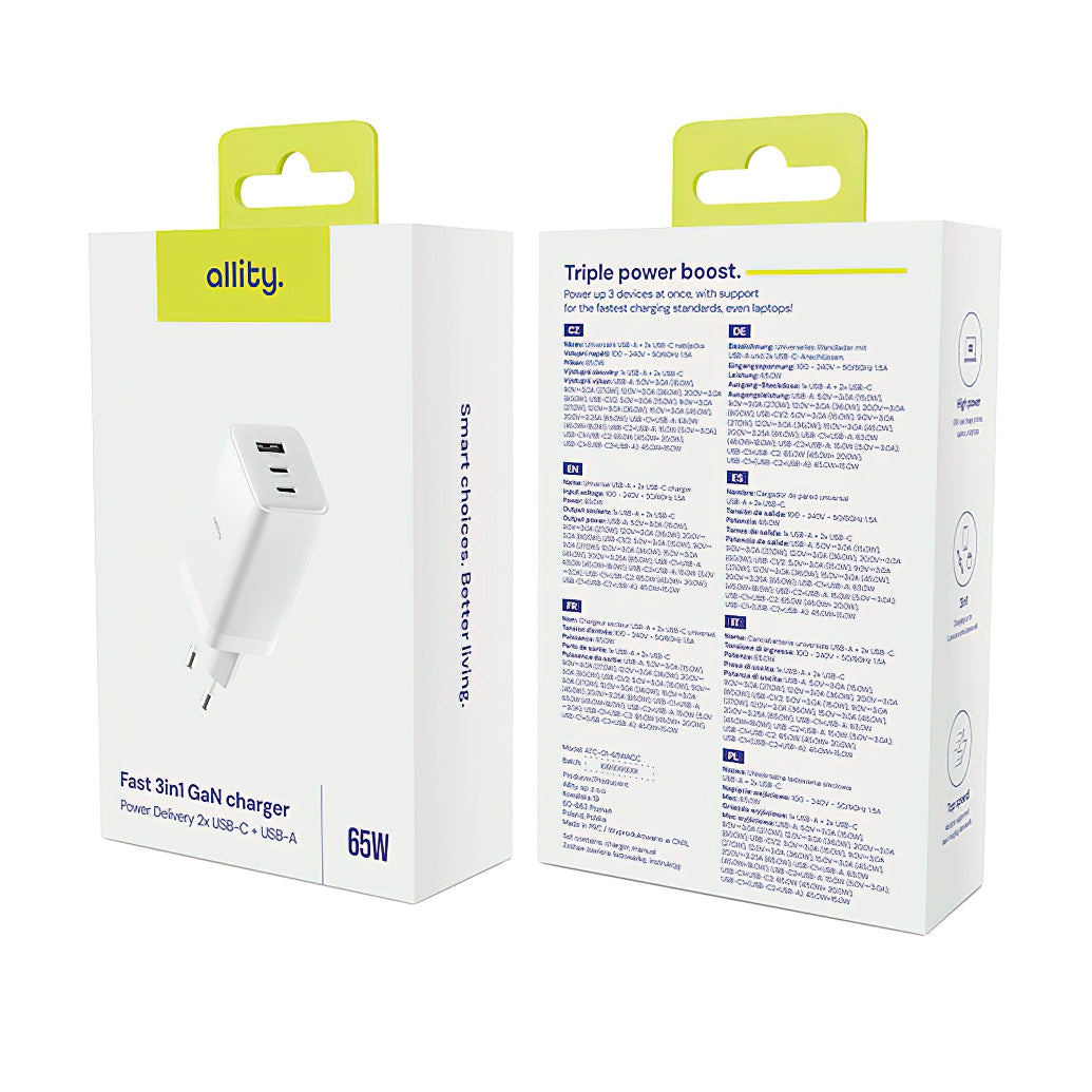 Allity-verkkolaturi. ATC-01-65WACC Fast, 65W, 3.25A, 1 x USB-A - 2 x USB-C, Valkoinen